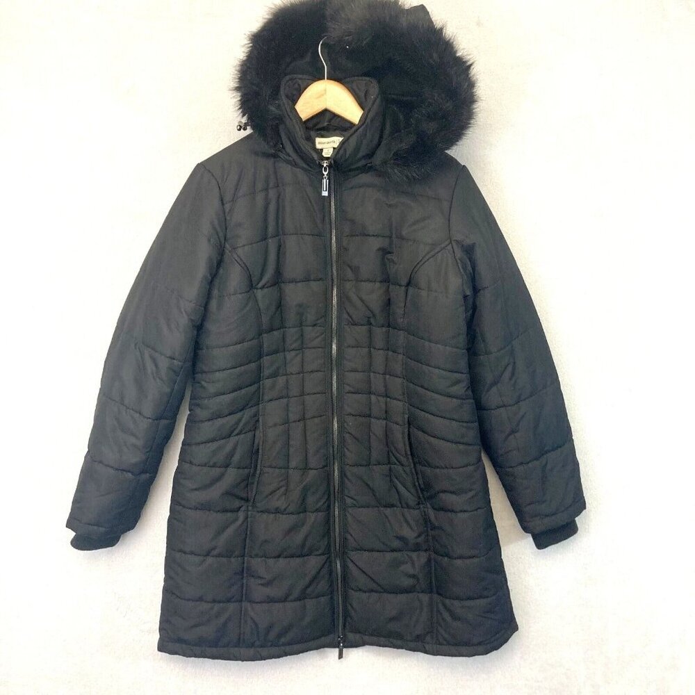 Susan Graver Black Quilted Puffer Coat Womens Small S Removable‎ Faux Fur Hood